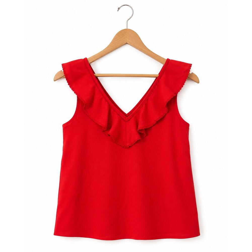 Sezane Red Ruffled V-Neck Tank Top - Picture 3 of 9